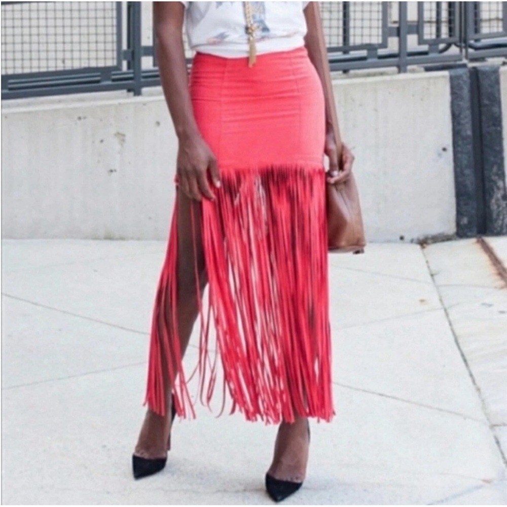 Brand: H&M ❤️ COACHELLA Official Collection -Red Fringe Midi Skirt - Picture 1 of 16